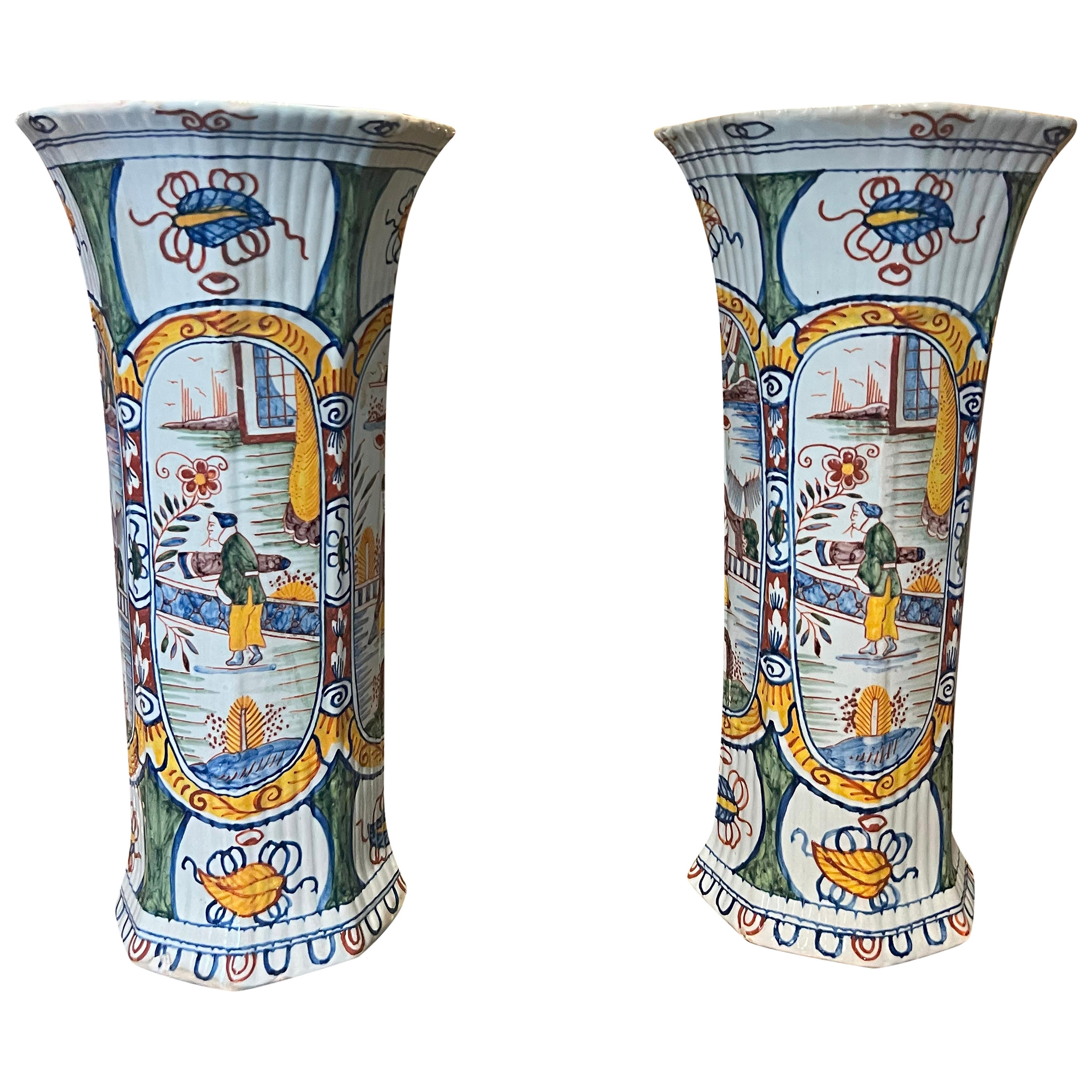 Pair Of Delft Polychrome Vases For Sale