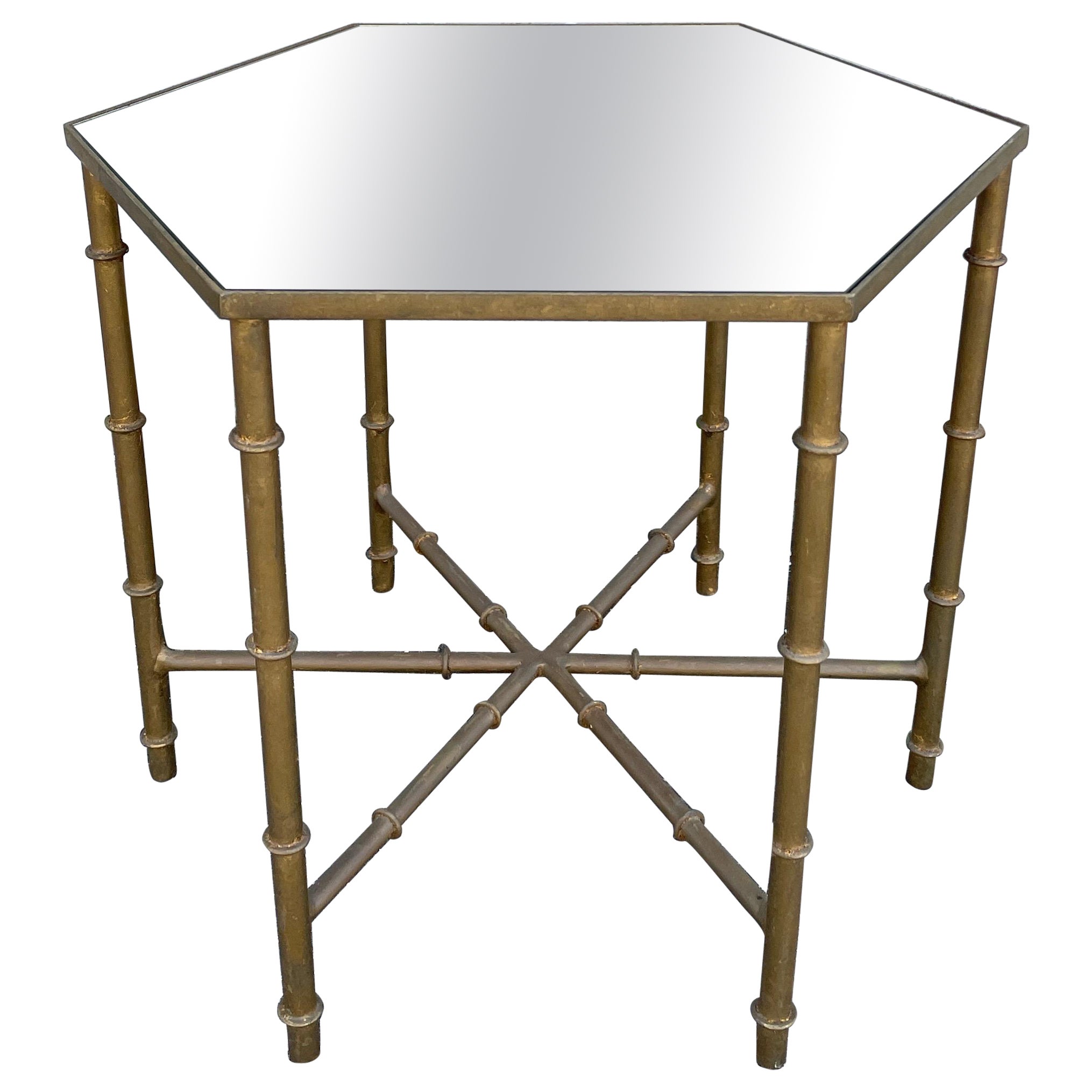 Gilded Metal Octagon Faux Bamboo Mirrored Drinks Table For Sale