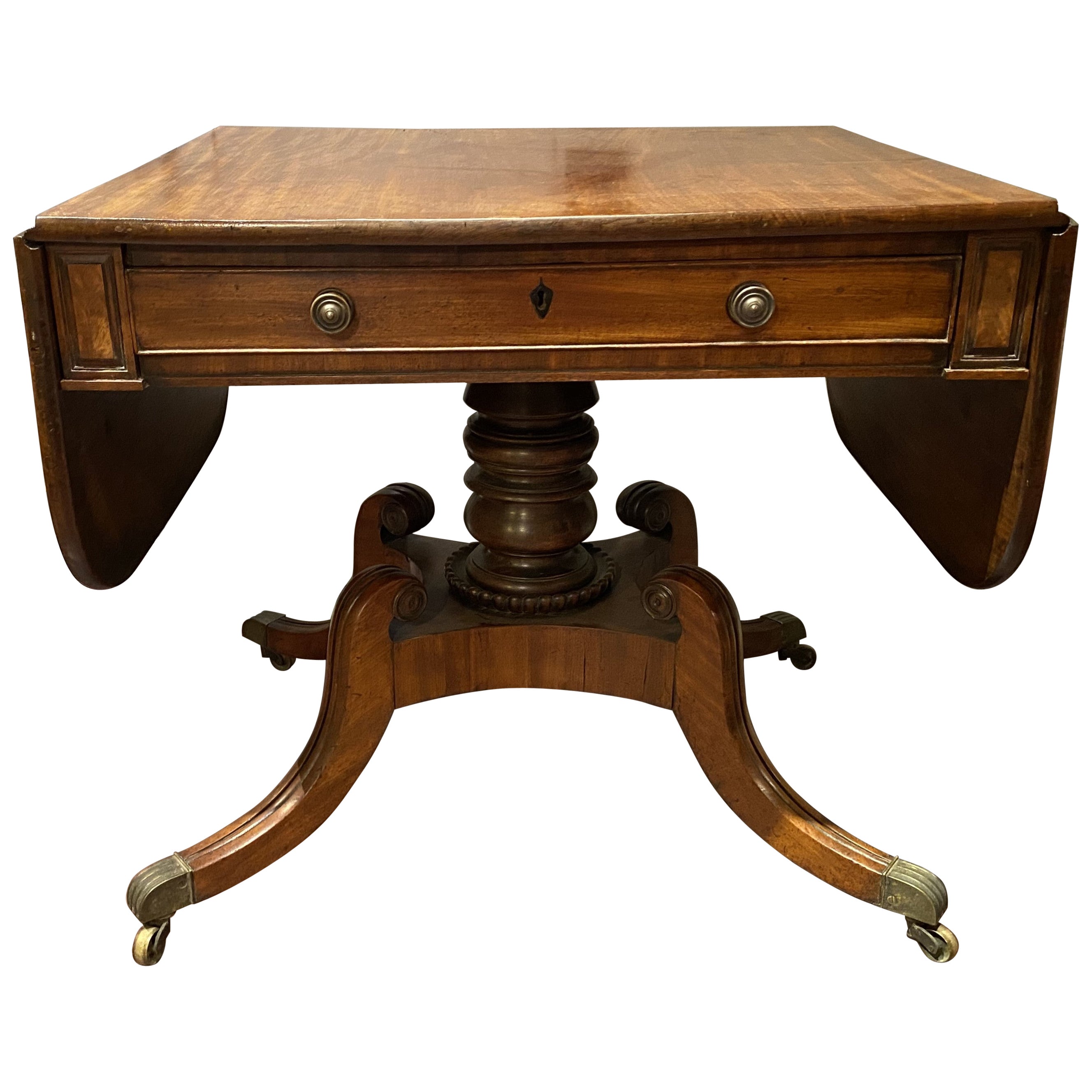 19th c Late Georgian or Regency Mahogany One Drawer Drop Leaf Library Table For Sale