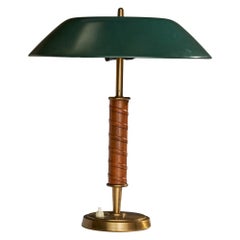 Vintage Nordiska Kompaniet, Table Lamp, Brass, Leather, Metal, Sweden, 1940s
