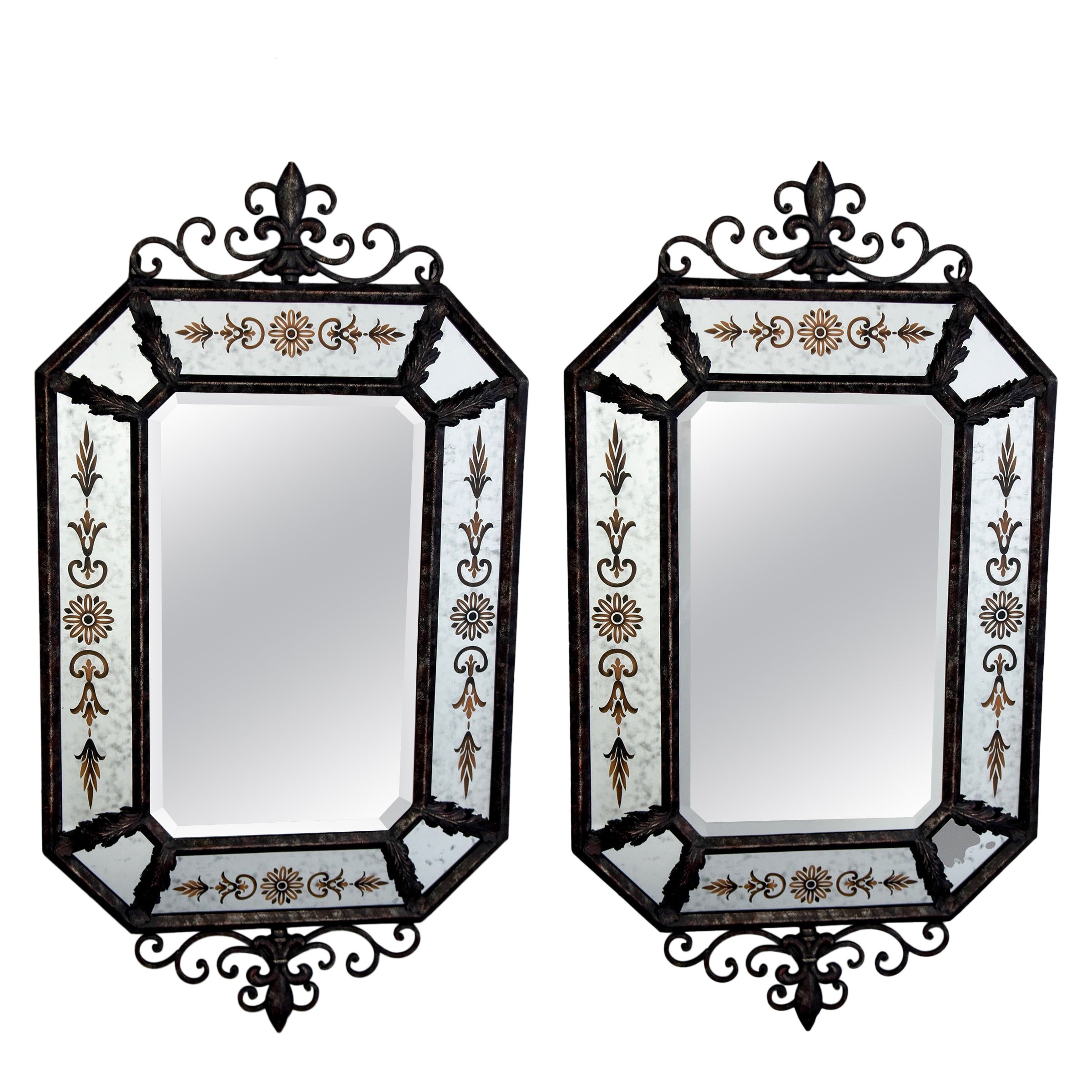 Pair Vintage Spanish Iron Framed Mirrors with Decorative Painted Details For Sale