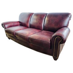 Vintage Hancock & Moore Furniture Sofa Burgundy Oxblood Leather Nailhead Sofa 7FT