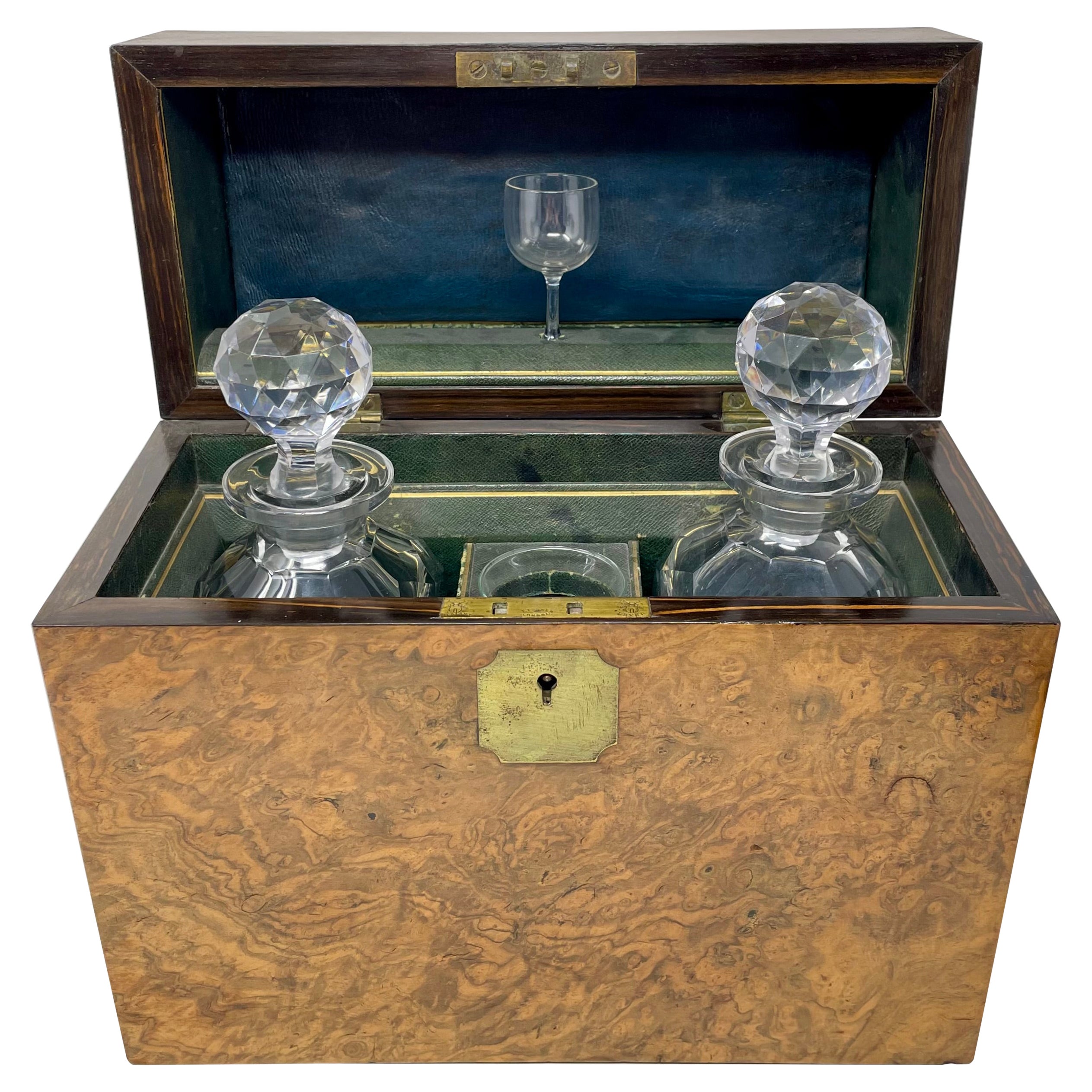 Antique English Burled Walnut and Cut Crystal 2 Bottle Tantalus, Circa 1880. For Sale