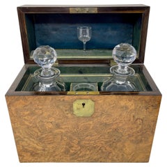 Antique English Burled Walnut and Cut Crystal 2 Bottle Tantalus, Circa 1880.