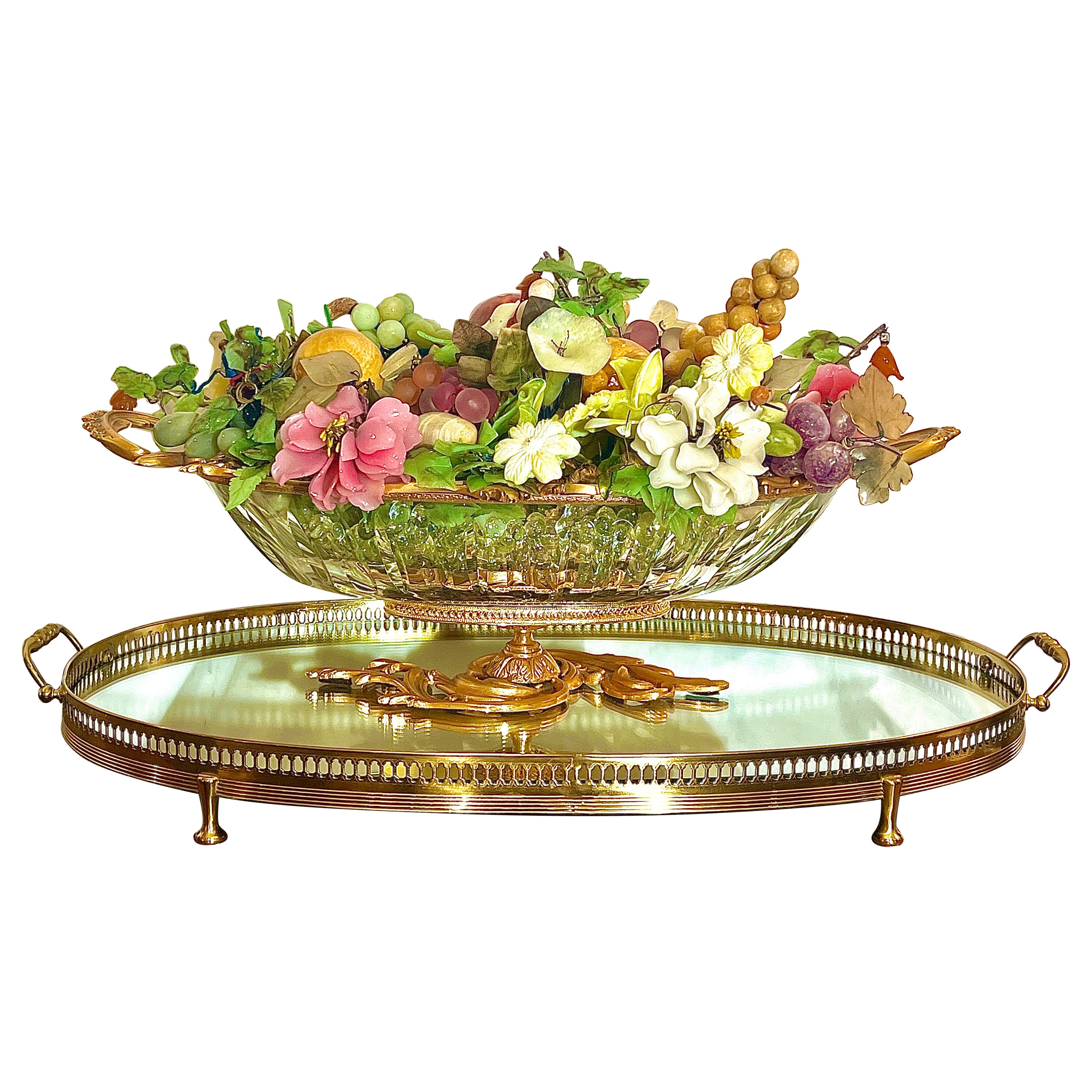 Estate 1950's Gold Bronze Bowl & Plateau Centerpiece with Glass Flowers & Fruit. For Sale