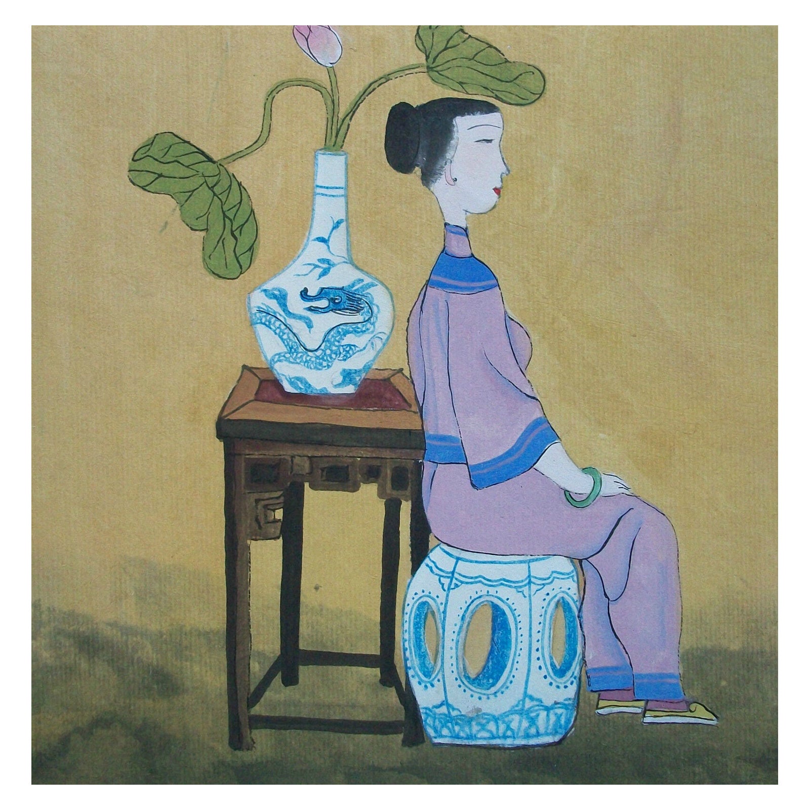 Asiatisches Gouache-Gemälde auf Papier, Vintage, unsigniert, China, spätes 20. Jahrhundert