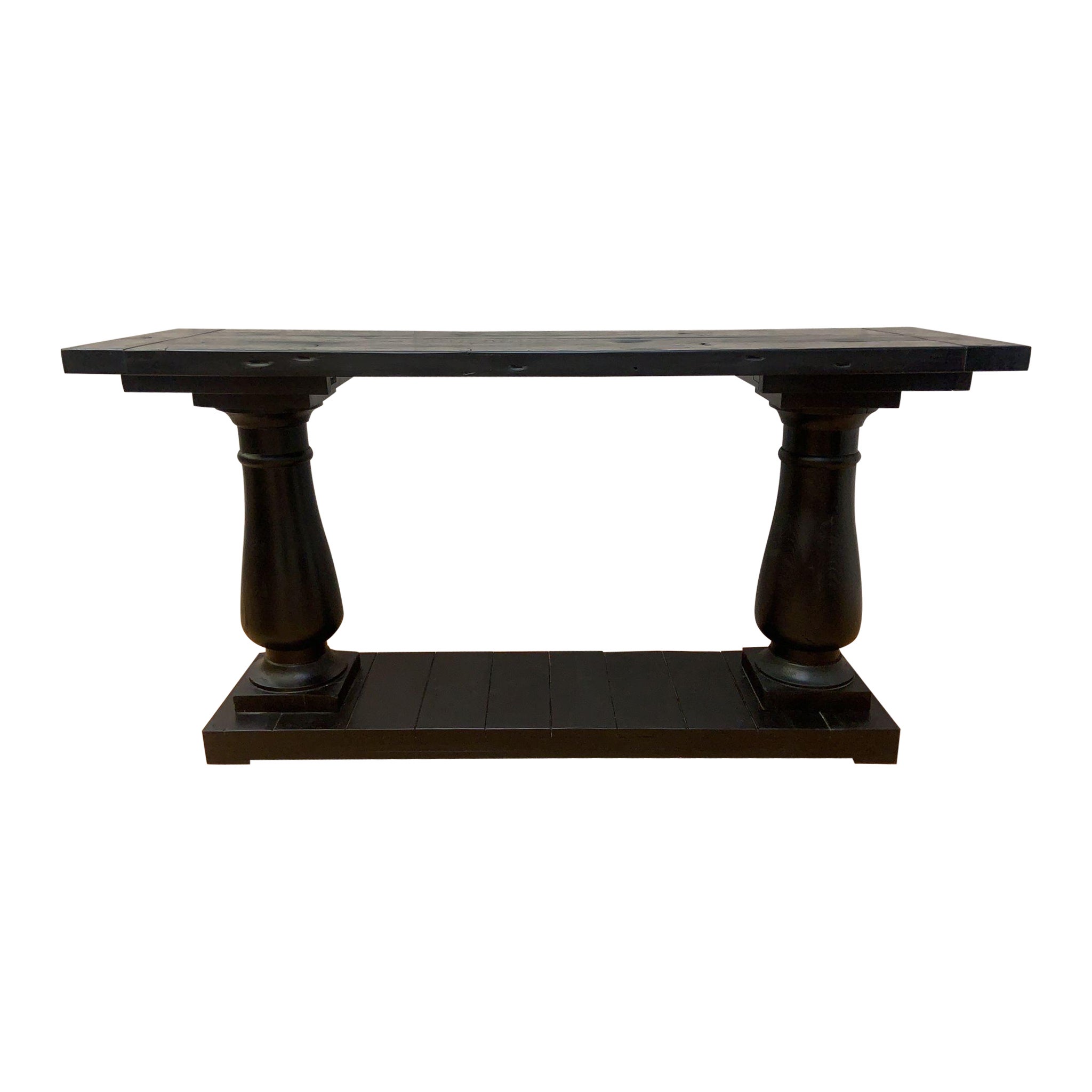 Salvaged Ebony Console Table by Restoration Hardware w/ Balustrade Legs For Sale