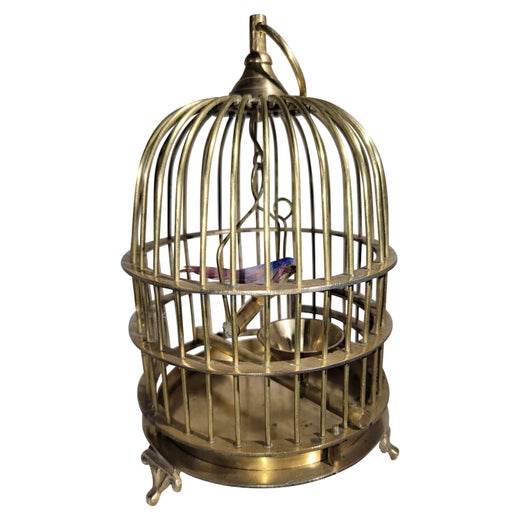 Karl Griesbaum German Brass Singing Bird Cage Music Box, Marked Kg