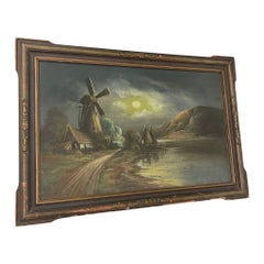 Vintage Original Landscape Windmill Artwork Within Victorian Style Frame.