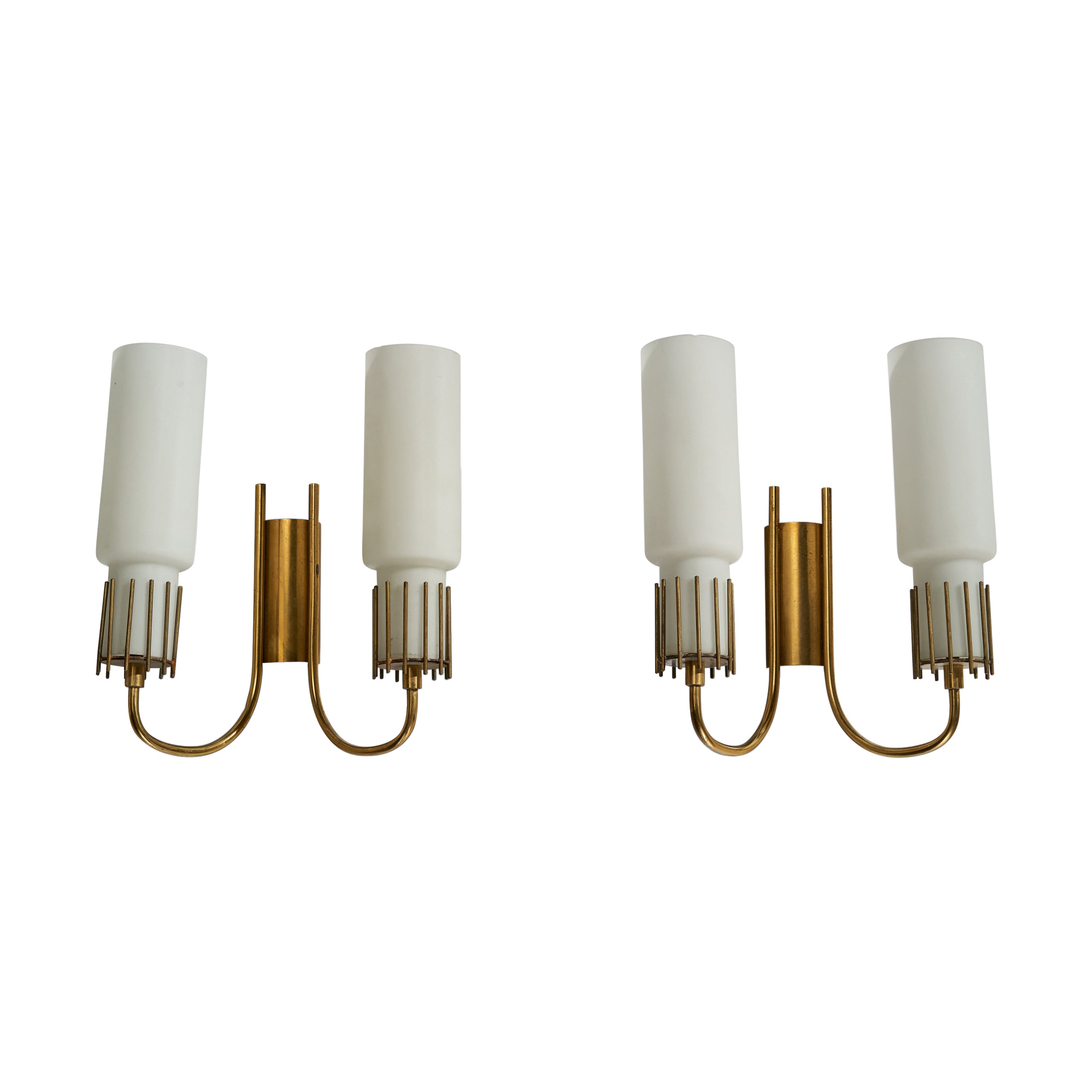 Italian Designer, Wall Lights, Brass, Glass, Italy, 1950s For Sale