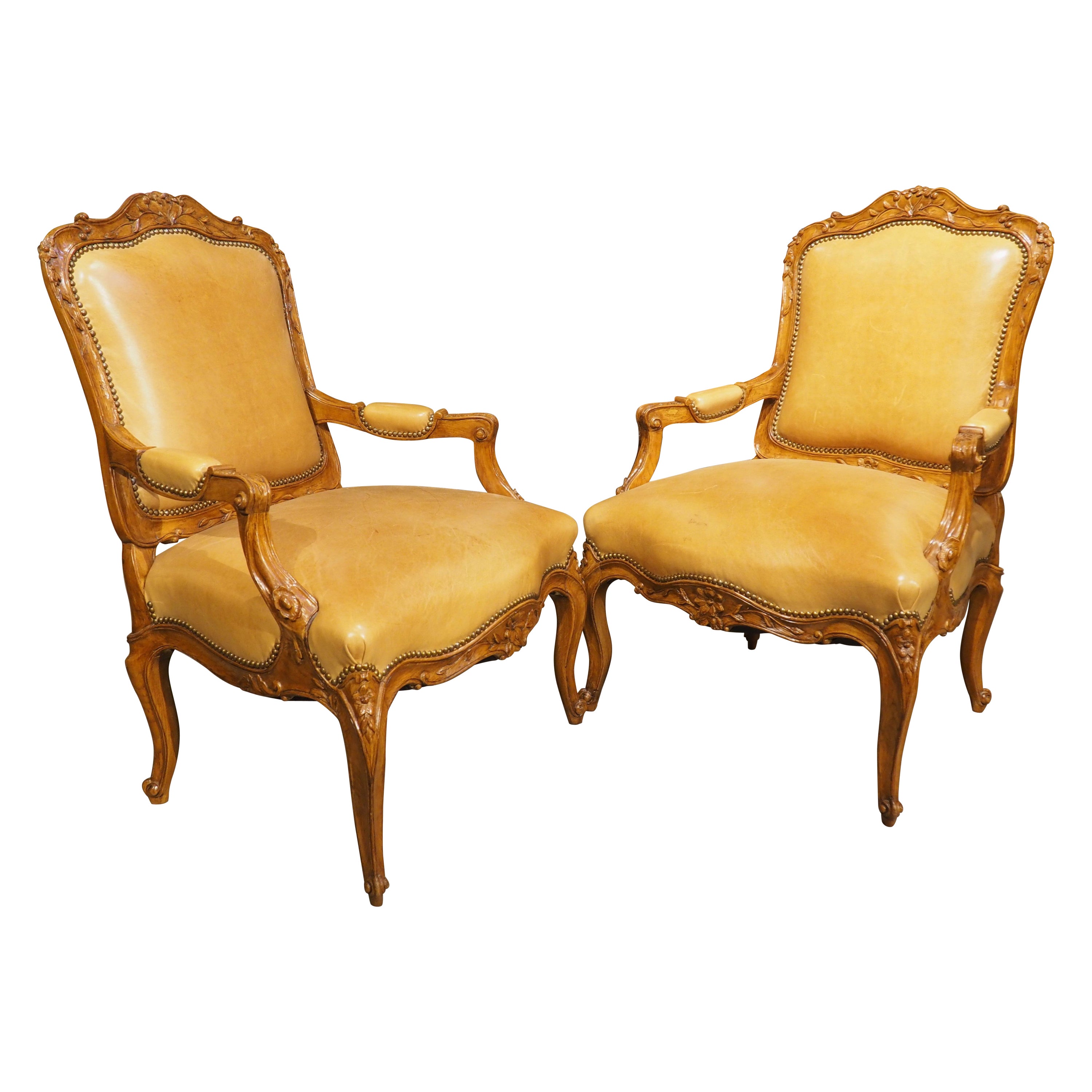 Pair of French Carved Regence Style Armchairs with Leather Upholstery, C. 1900