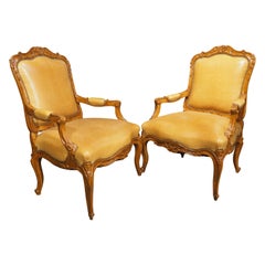 Pair of French Carved Regence Style Armchairs with Leather Upholstery, C. 1900