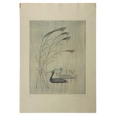 Keiko Minami Signed Large Limited Edition Japanese Etching Print Birds and Reeds
