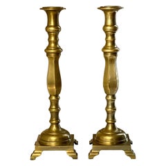 Antique Neoclassical Solid Brass Tall Candlesticks with Footed Base, 19th C.