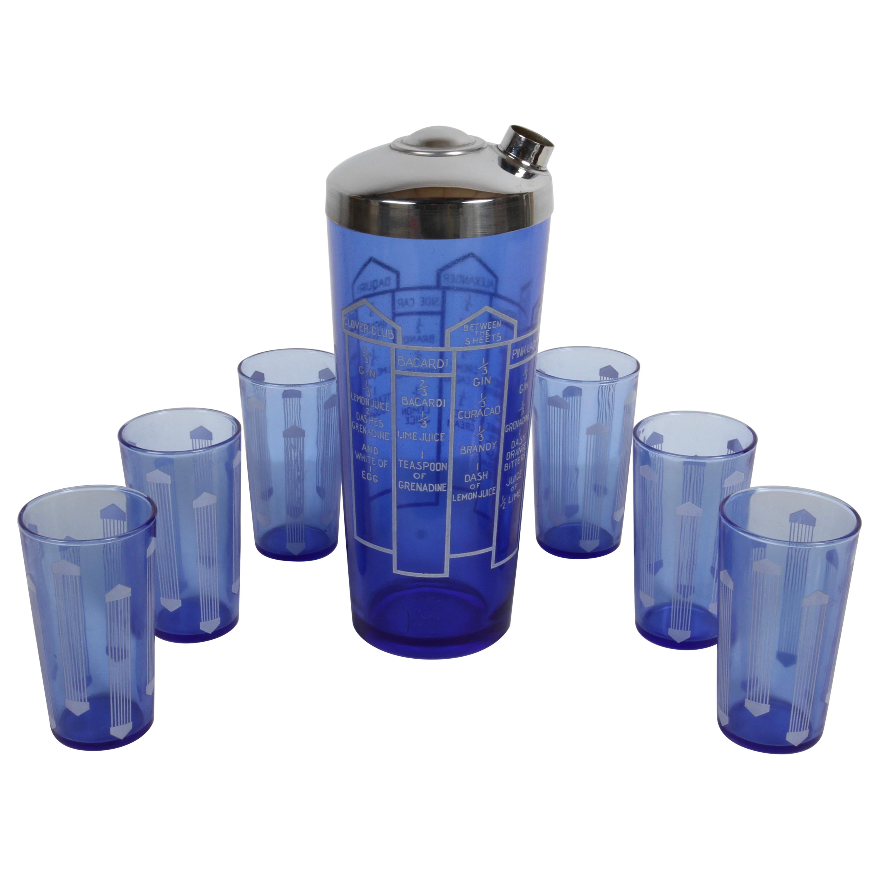 Art Deco Cobalt Blue Glass 10 Recipe Cocktail Shaker with Six Matching Glasses  For Sale