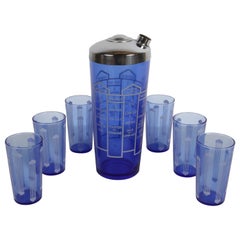 Art Deco Cobalt Blue Glass 10 Recipe Cocktail Shaker with Six Matching Glasses 