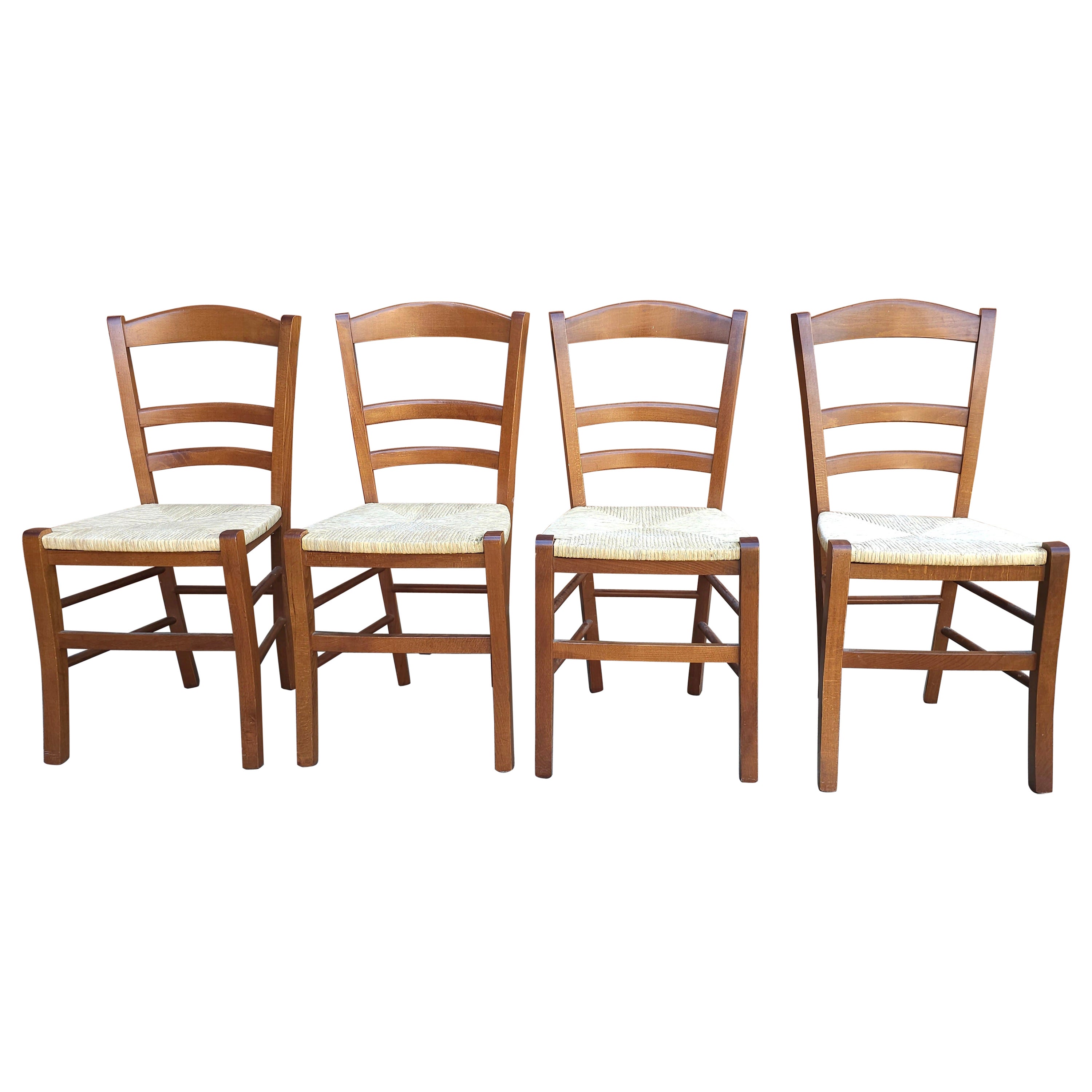 Set of Four Late 20th Century Italian Country Cherry and Rush Seat Dining Chairs For Sale