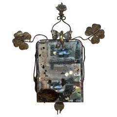 Antique Patinated Brass Wall Mirror Art Nouveau Angel 