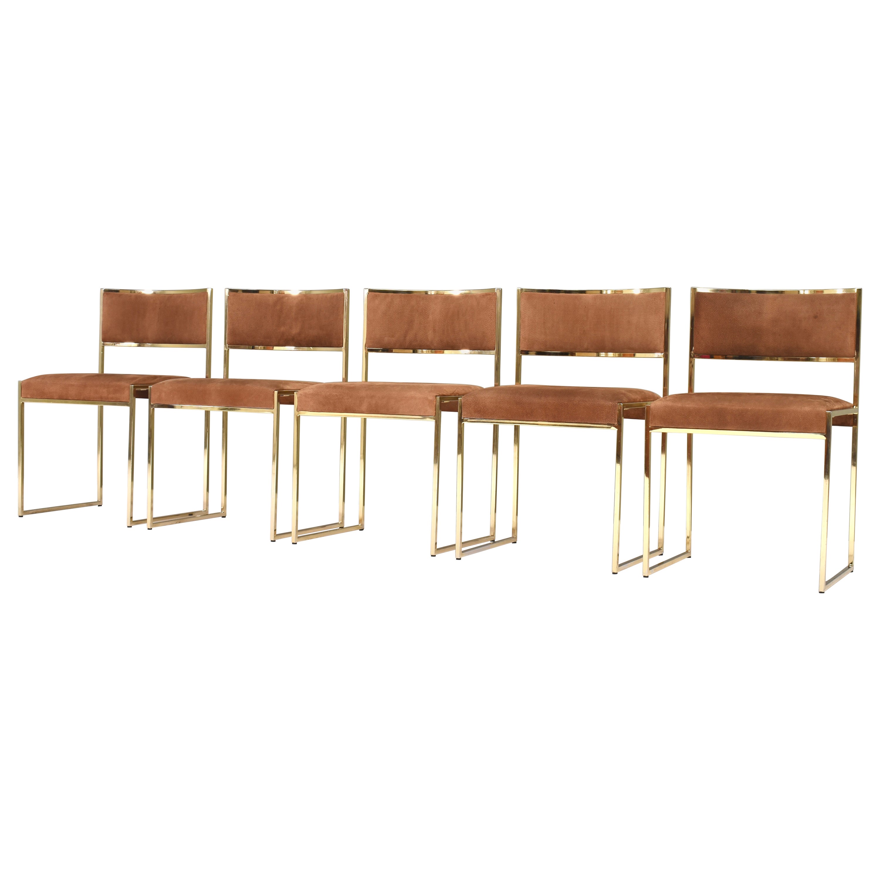 5x Willy Rizzo attributed Gold-Plated and Suede Dining Chairs, Italy, 1970s