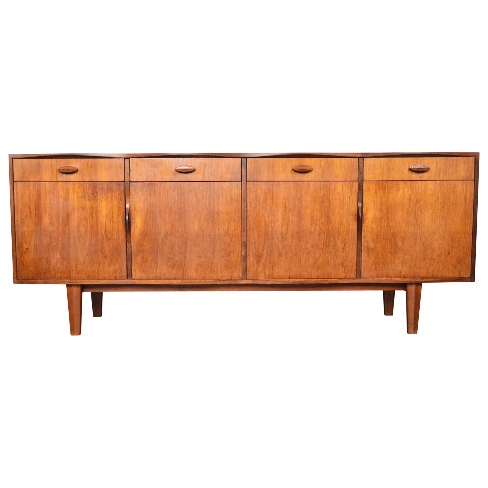 Unique Curved Edge Mid Century Credenza In Rosewood For Sale