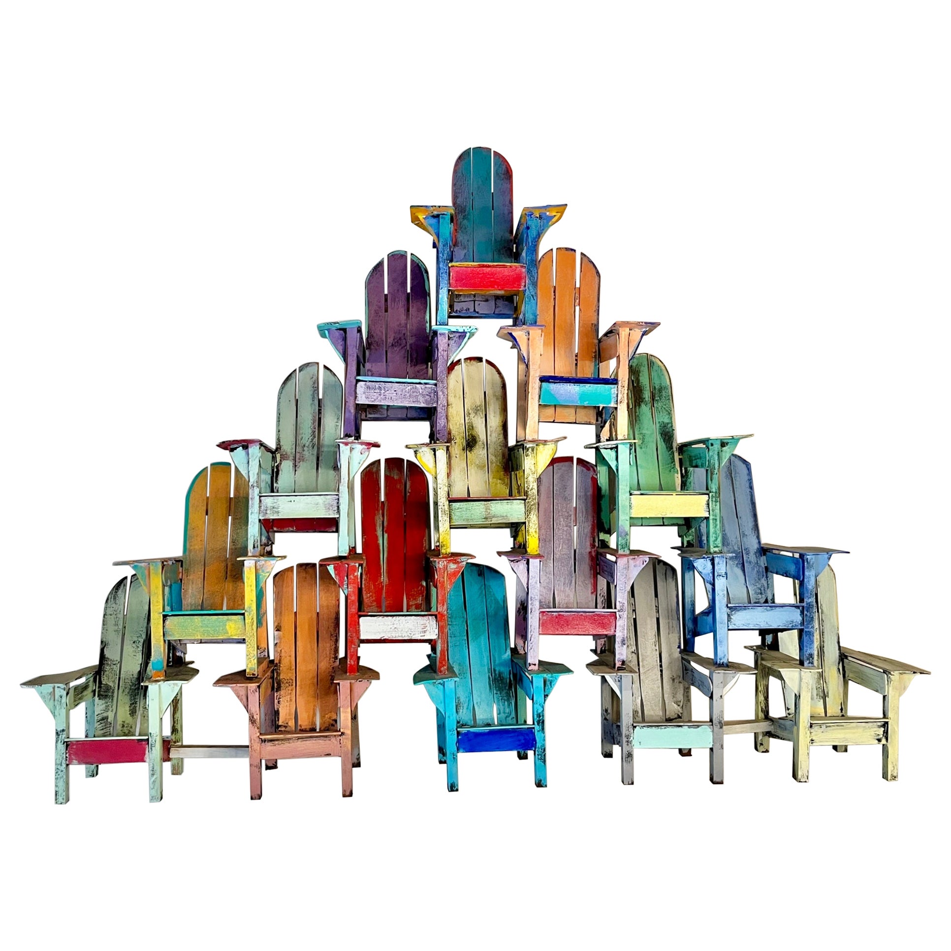 « 15 Chair Jumble » Sculpture murale colorée de chaise Adirondack de Paul Jacobsen  en vente