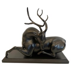 Vintage Poetic Iron Sculpture of Recumbent Stag Deer on Wood Base