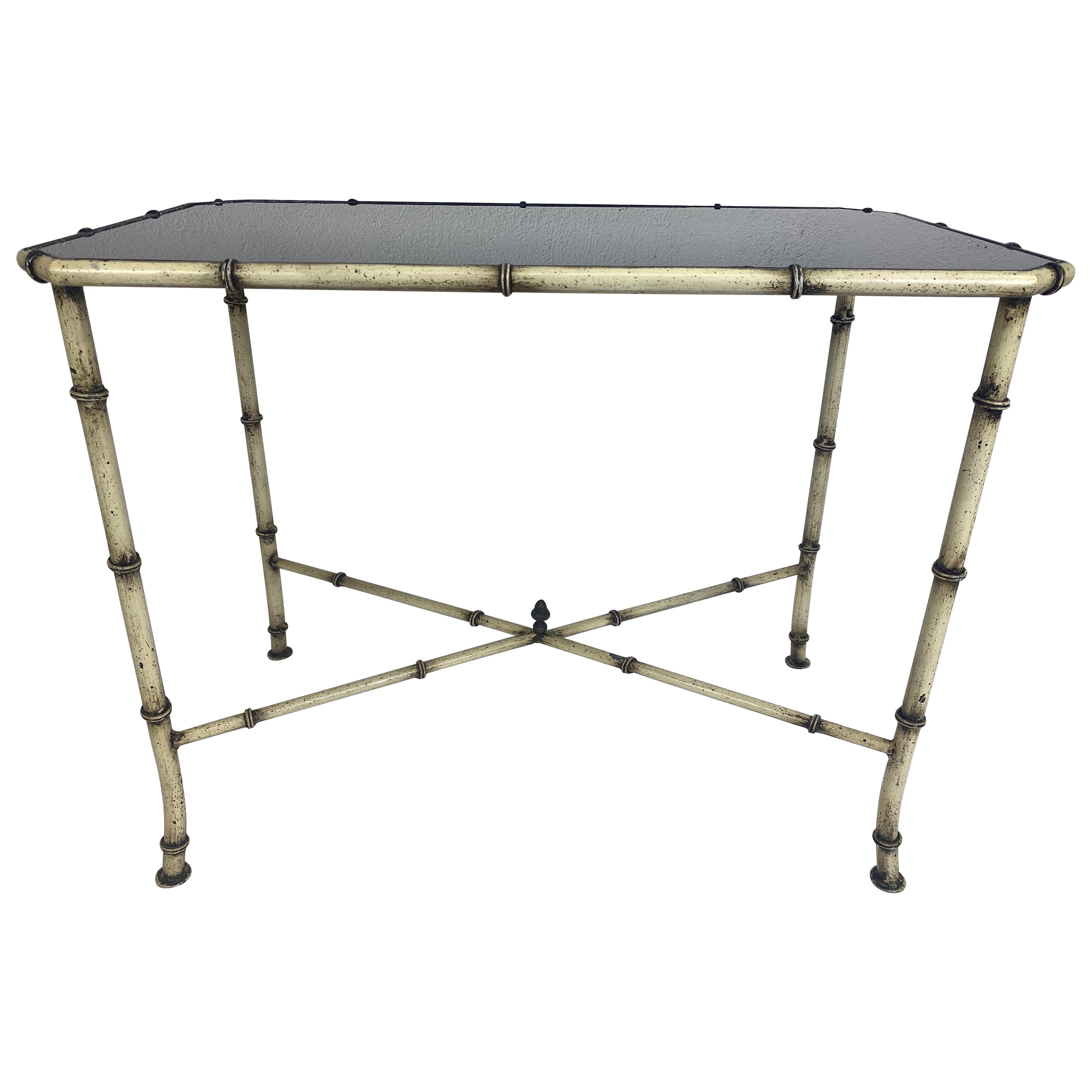 Mid-century wrought iron and black glass pho bamboo side table For Sale