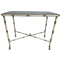 Vintage Mid-century wrought iron and black glass pho bamboo side table