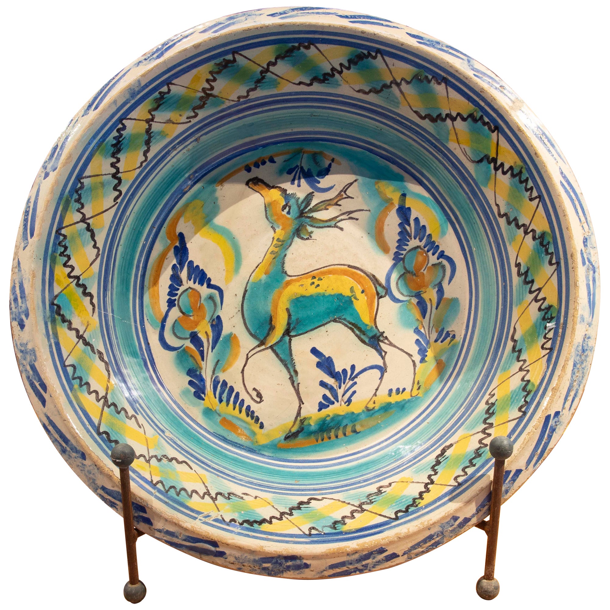 19th Century Spanish Triana "Lebrillo" Ceramic Plate with Painted Deer For Sale