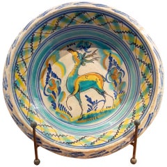 Antique 19th Century Spanish Triana "Lebrillo" Ceramic Plate with Painted Deer