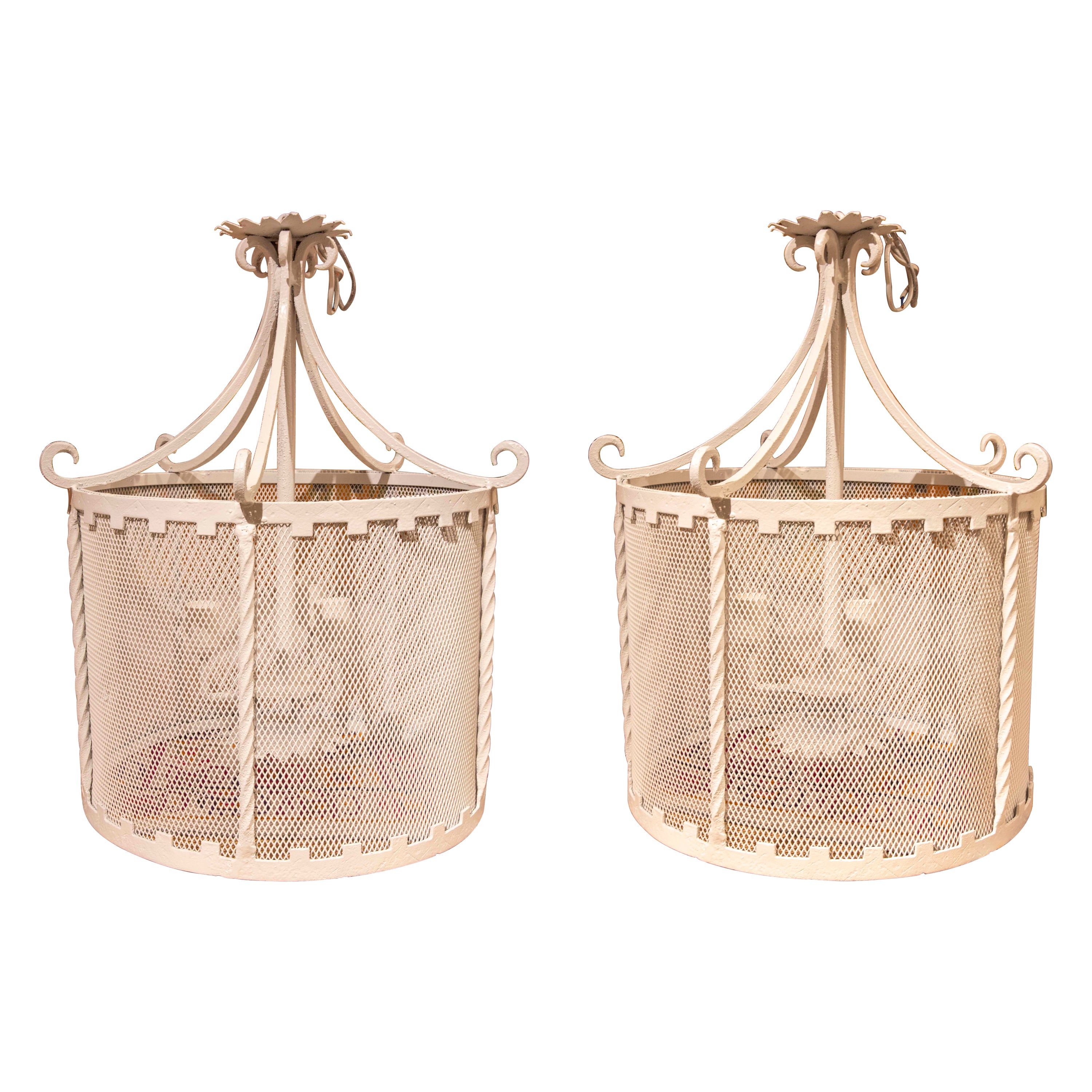 1970s Spanish Pair of Iron Ceiling Lamps Painted in White For Sale