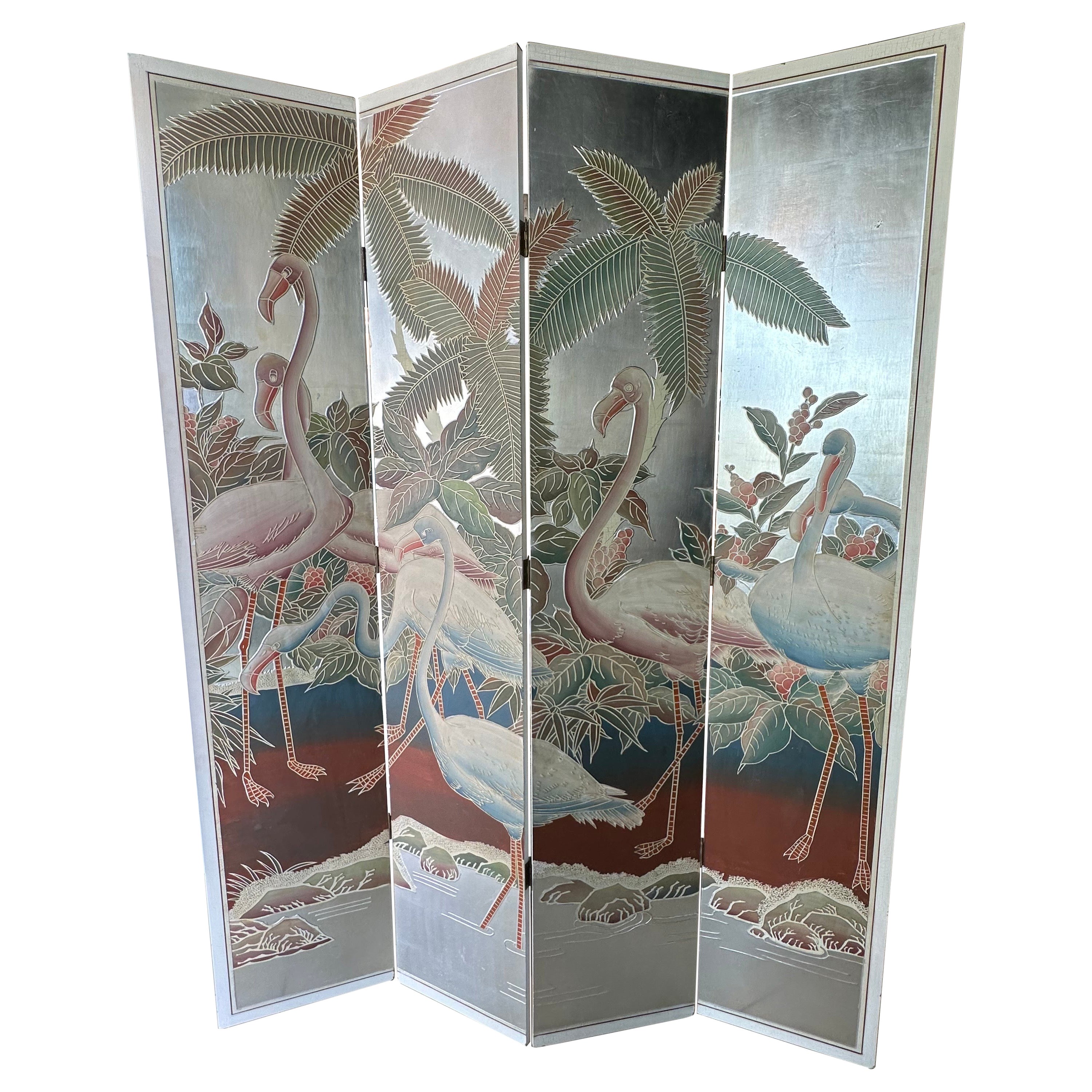  Paravent de Palm Beach avec oiseaux flamants peints en feuilles d'argent Diviseur de pièce 4 panneaux en vente