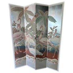 Vintage  Palm Beach Flamingo Bird Painted Tree Silver Leaf Screen Room Divider 4 Panel