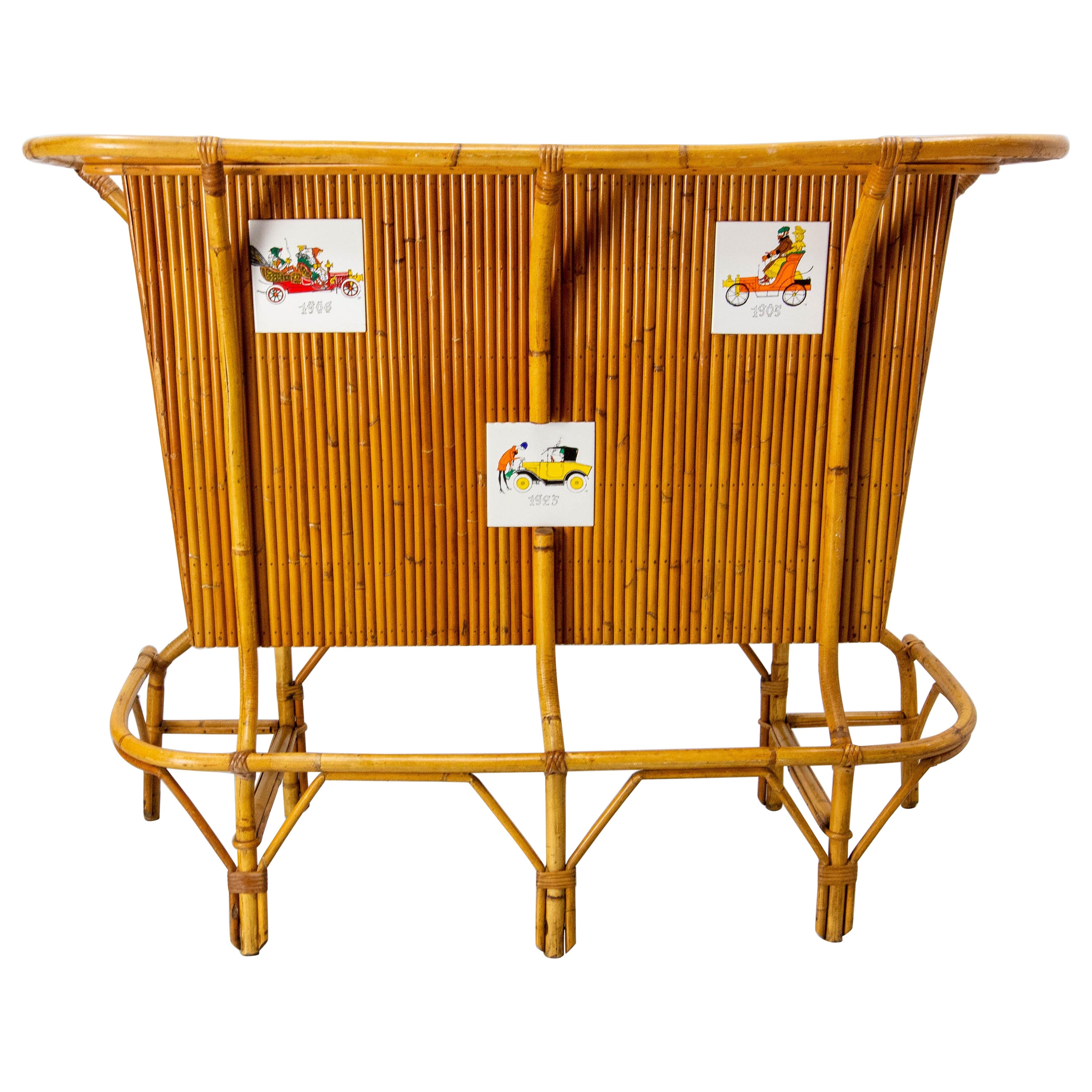 French Vintage Bar Cocktail Furniture Rattan & Faience Tiles Mid-Century For Sale