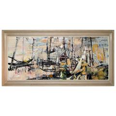 Mid-Century Acrylic Abstract Harbor Scene Jeanette T Kann 1