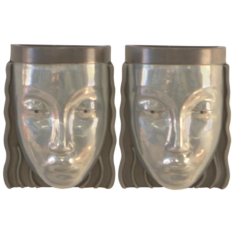 Pair of Art Deco Revival Female Face Wall Sconces For Sale at 1stDibs