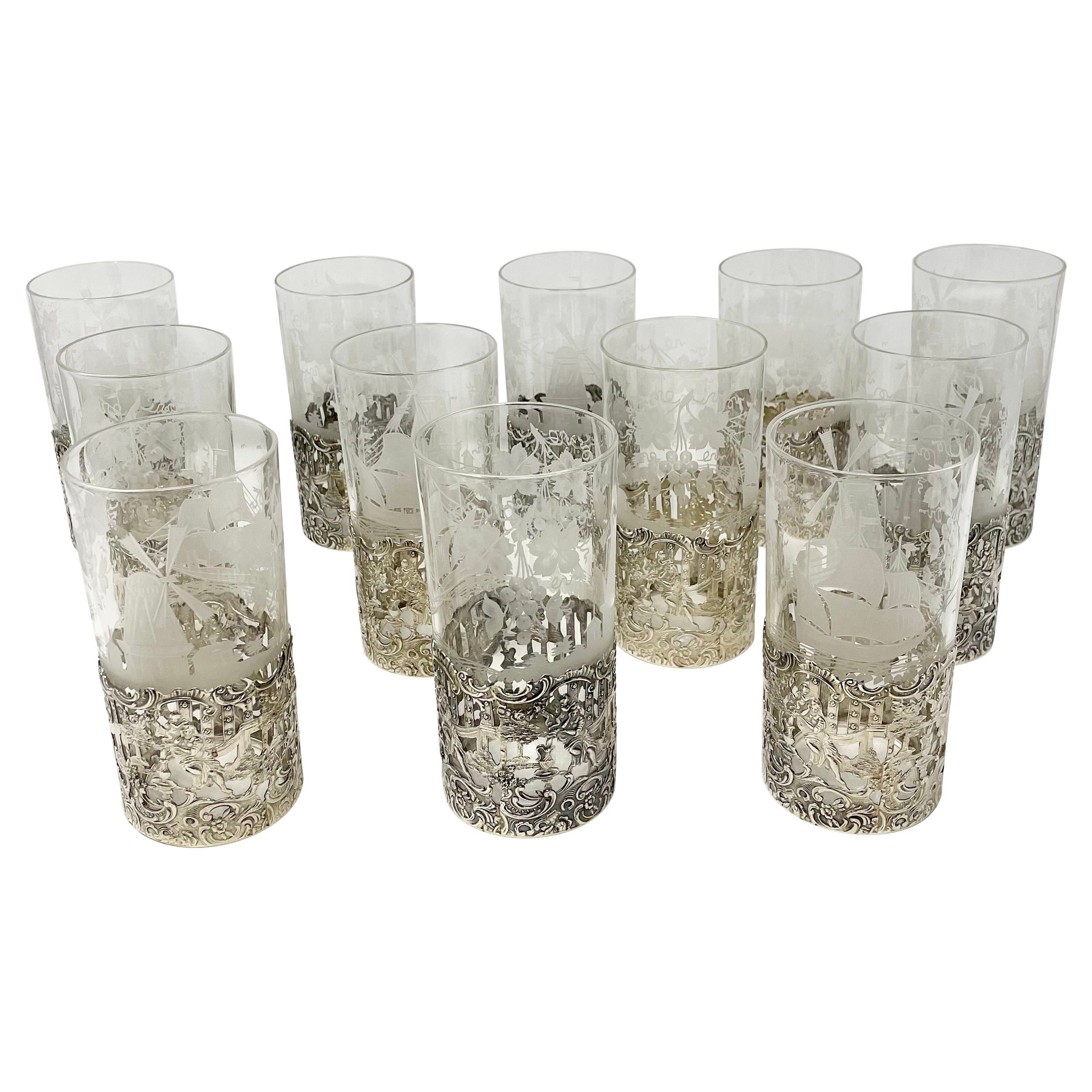 Set of 12 Antique American Sterling Silver Mounted and Hand-Etched Highball Glasses, Circa 1900's.