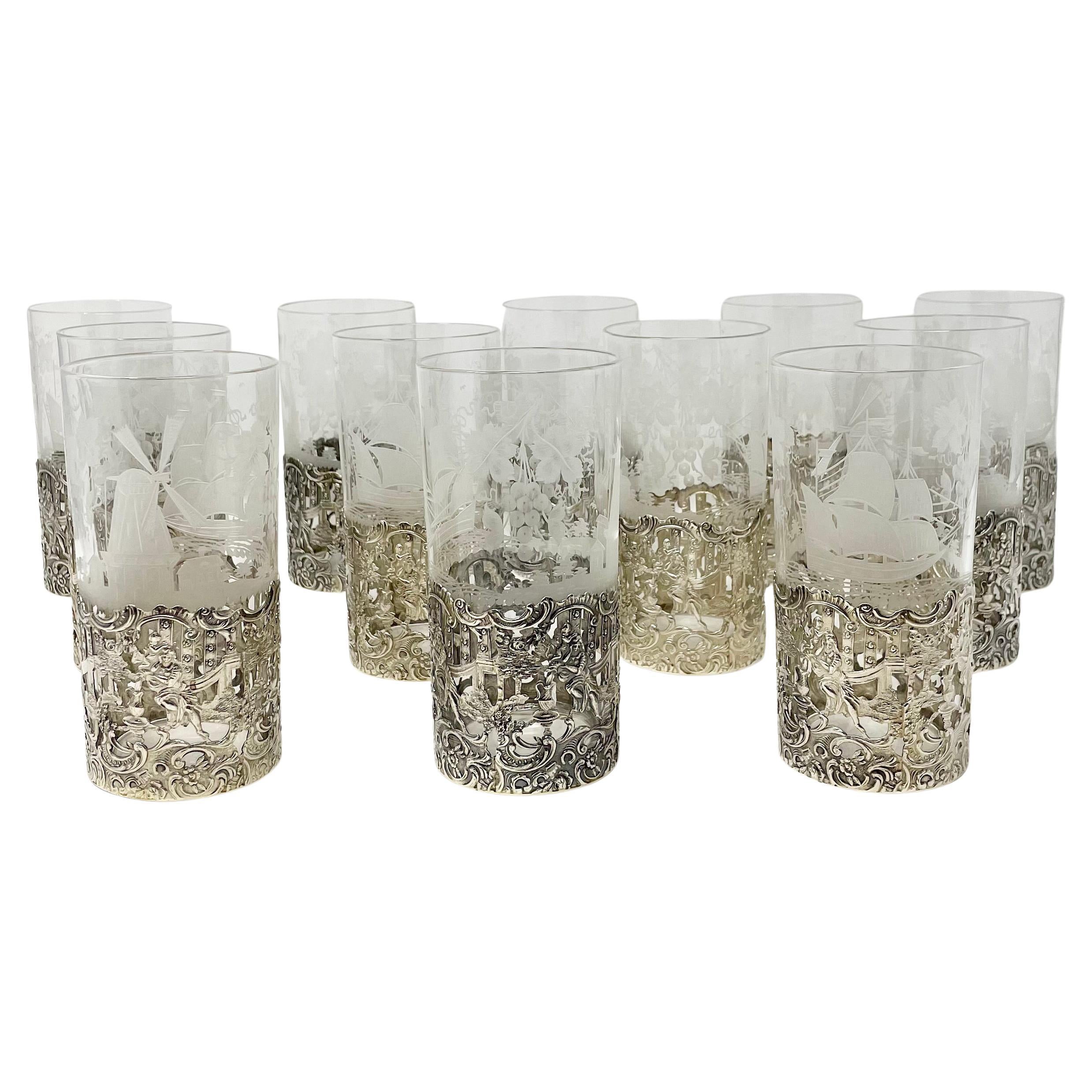 Set of 12 Antique American Sterling Silver Mounted Hand-Etched Highball Glasses.