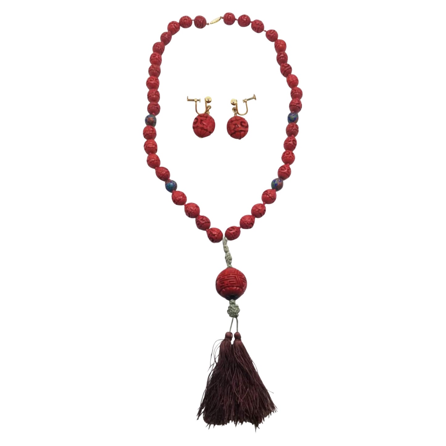 Vintage Chinese Cinnabar Shou Pendant Beaded Necklace and Matching Earrings. For Sale