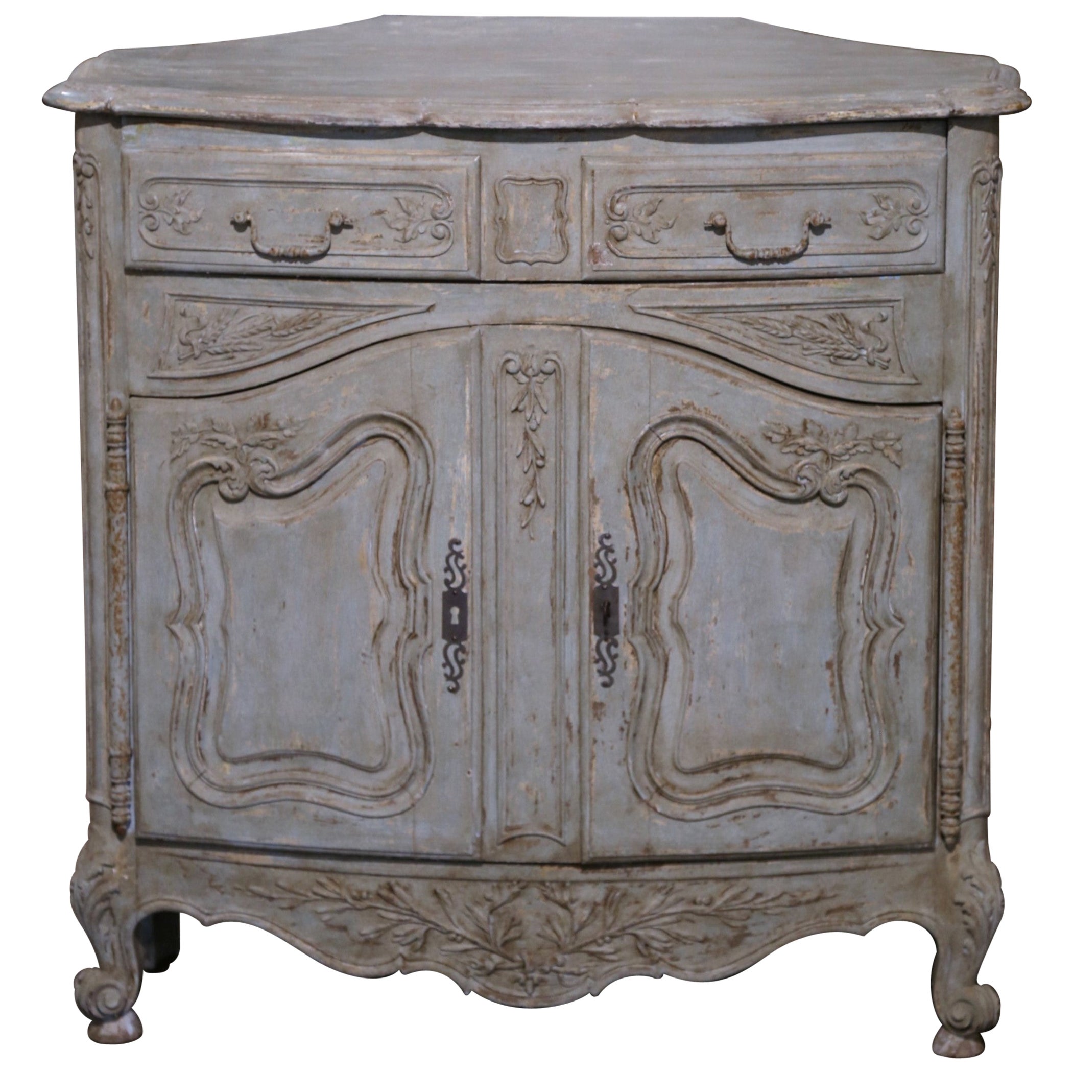 19th Century French Louis XV Carved Painted Corner Cabinet from Provence For Sale