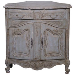 19th Century French Louis XV Carved Painted Corner Cabinet from Provence