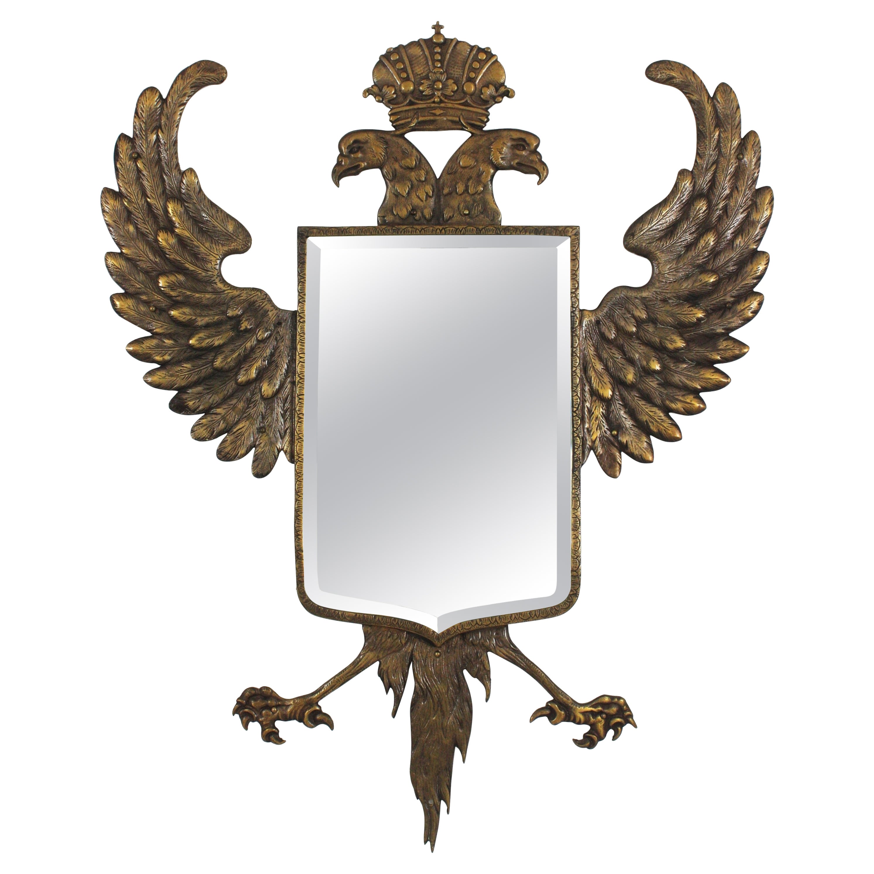 Specchio da parete Empire con doppia testa di aquila in bronzo, anni '40