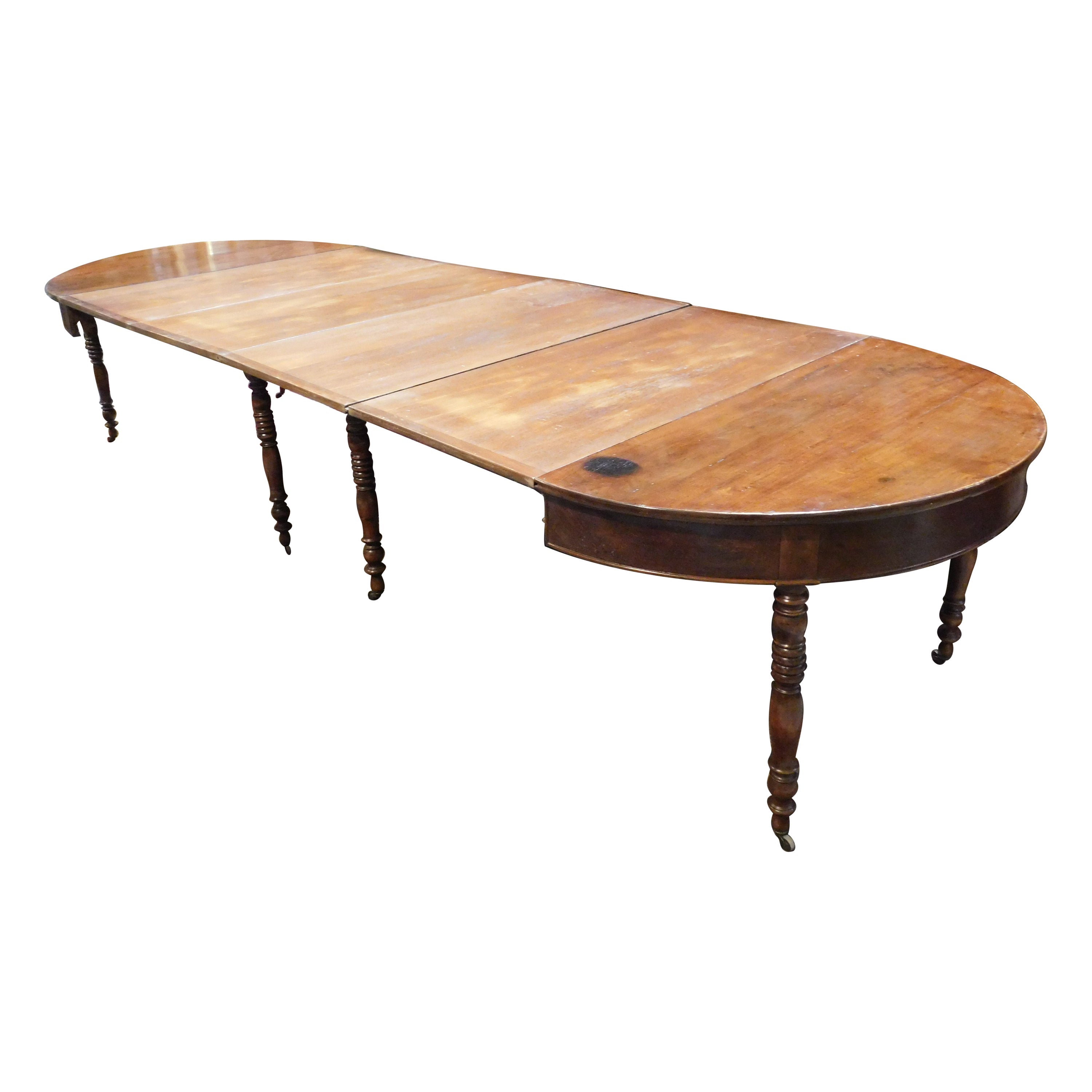 Ancienne table ronde en bois de peuplier et de noyer, extensible jusqu'à 6 mètres, Italie en vente