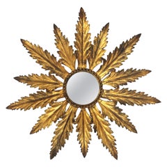 Spanish Leafed Sunburst Mirror in Gilt Metal, 1940s