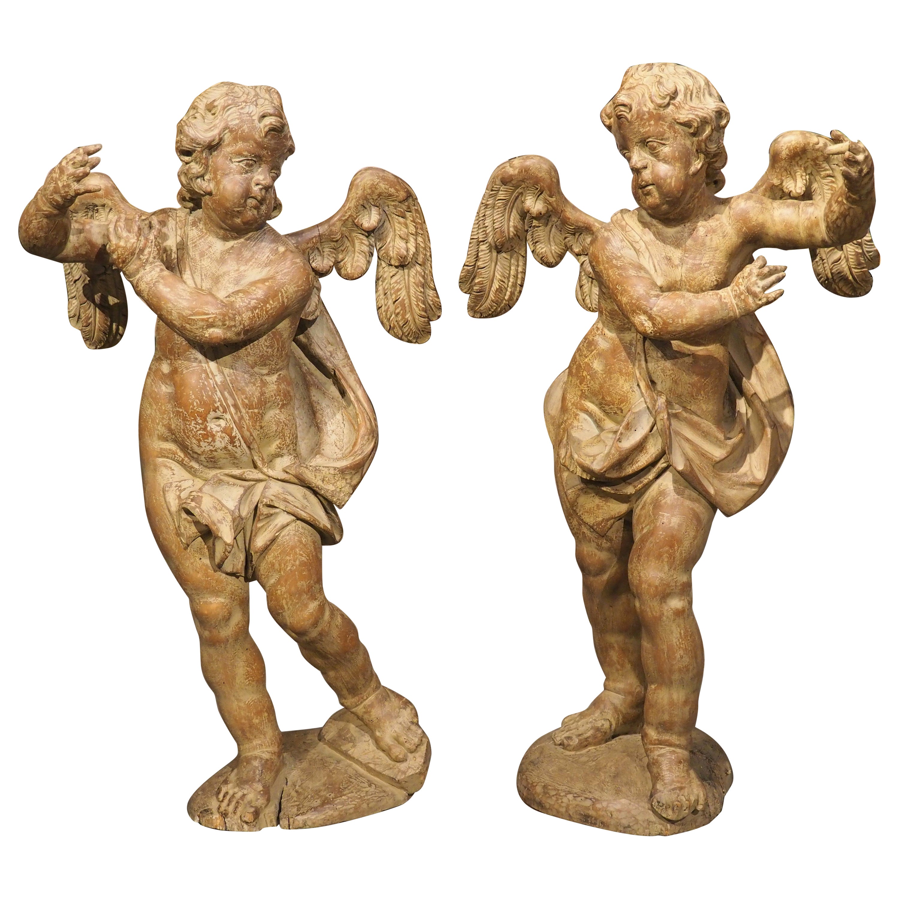 Pair of 18th Century Carved Wooden Winged Cherubs from Italy