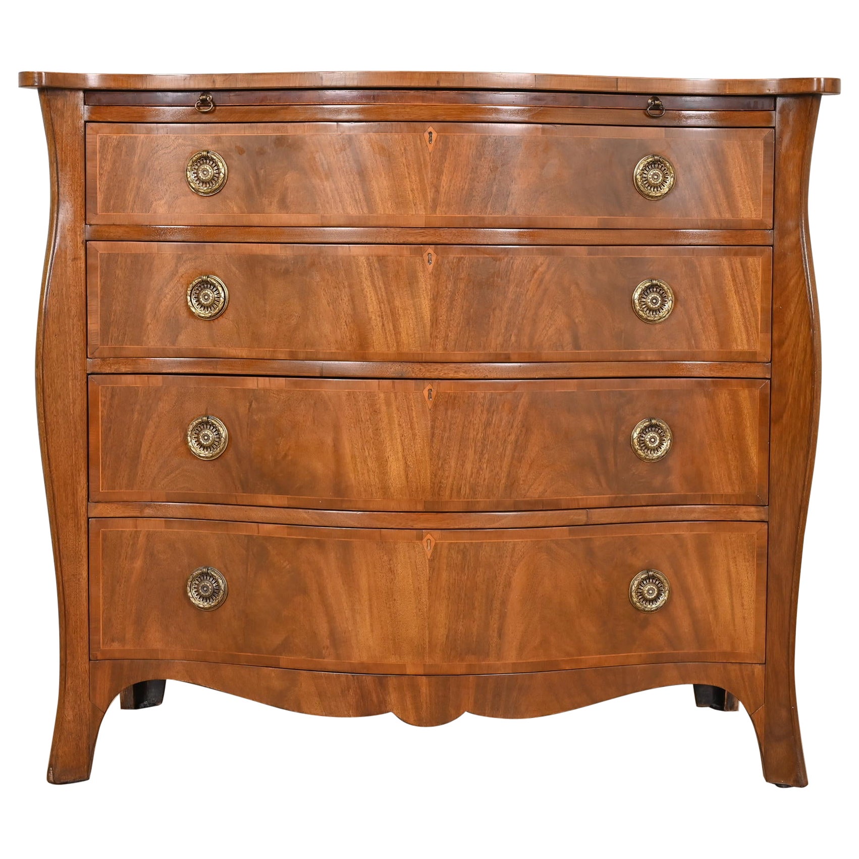 Baker Furniture Georgian Flame Mahogany Serpentine Front Chest of Drawers, 1940s For Sale