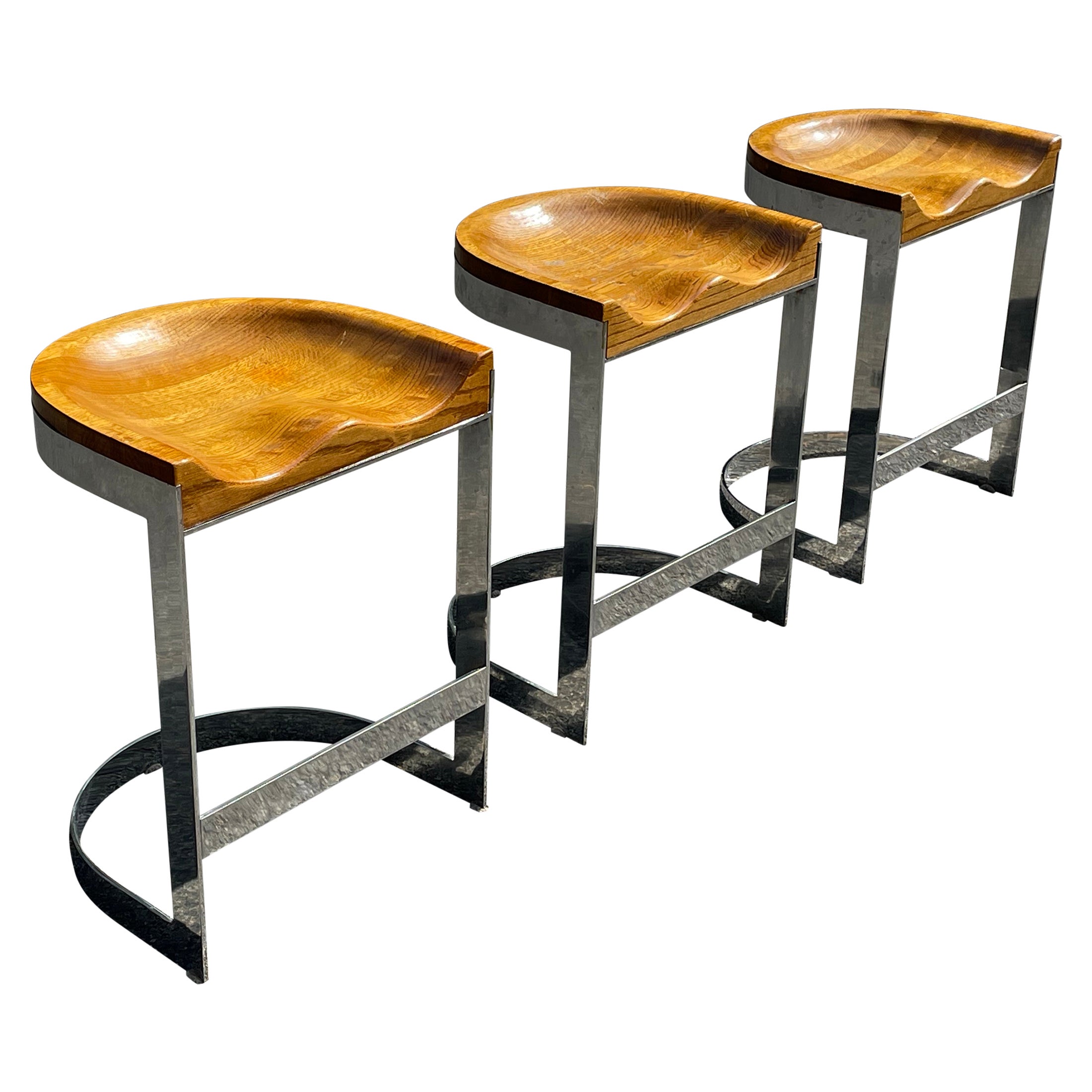 Warren Bacon Oak and Chromed Steel Counter Stools, Set of 3 For Sale