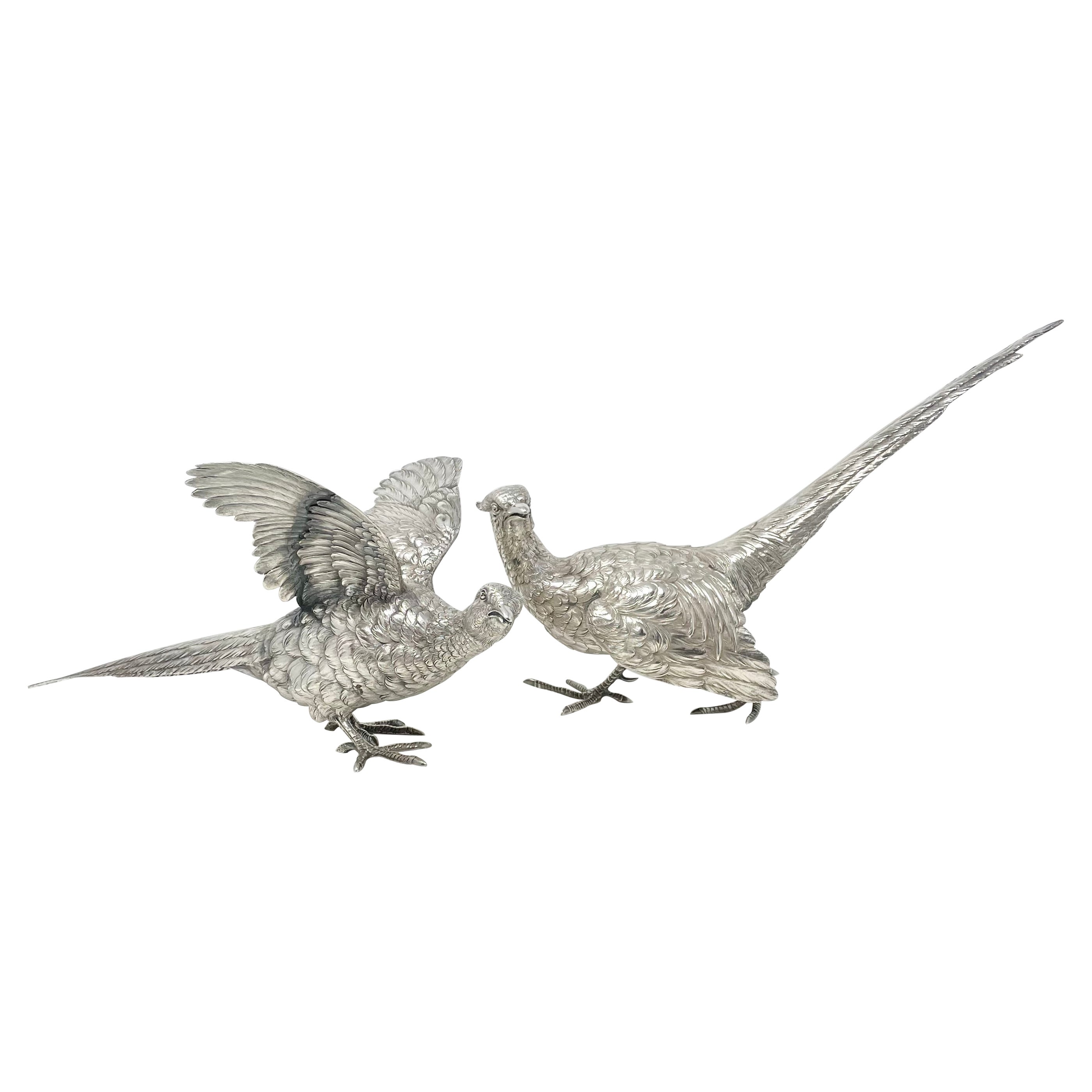 Pair Antique Continental Silver Pheasants, Circa 1900. For Sale
