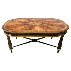 Vintage e.j Victor Regency Style Ebonized and Parcel Gilt Marquetry Inlaid Coffee Table