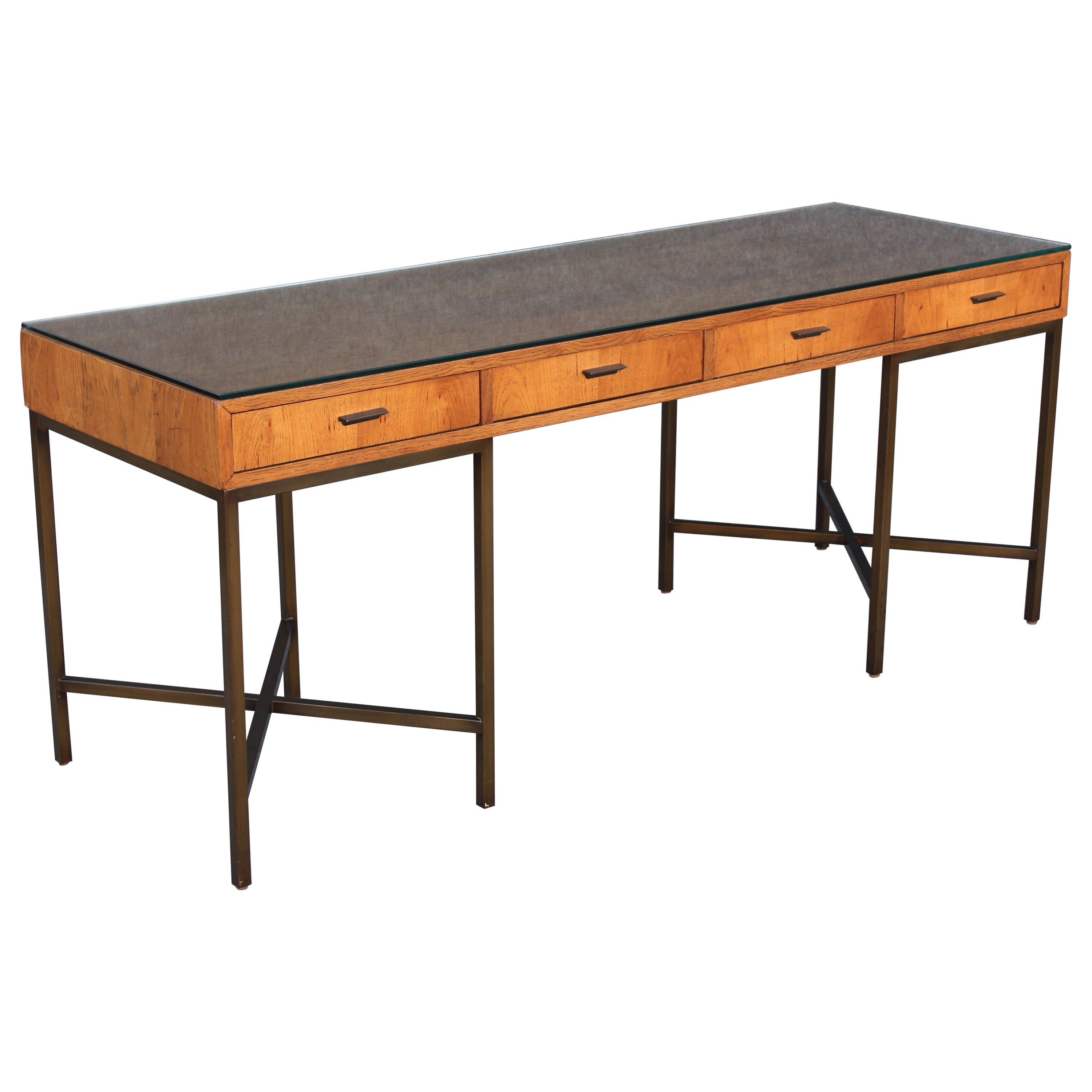 Restored Chestnut & Bronze 4-Drawer Large Desk by Jack Cartwright for Founders For Sale